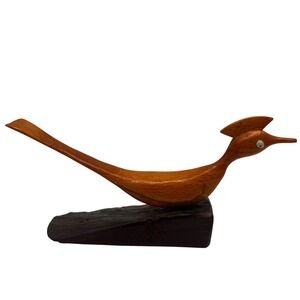 Vtg Wooden Roadrunner Dark wood base Lighter wood Bird Figurine Hand Carved 7"‎